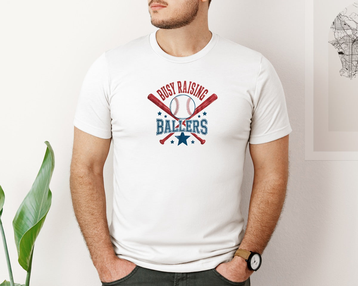 brand:Bella Canvas|color:White|Busy Raising Ballers Baseball Game Day Graphic T-Shirt