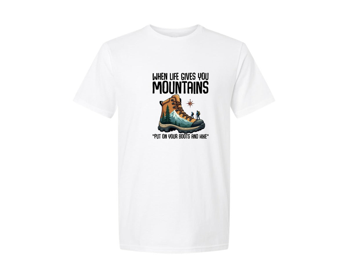 brand:Generic|color:White|When Life Gives You Mountains Hiking Graphic T-Shirt