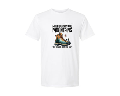 brand:Generic|color:White|When Life Gives You Mountains Hiking Graphic T-Shirt