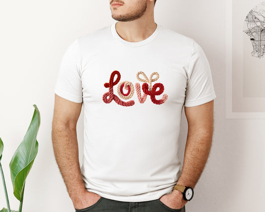 Faux Yarn Crochet Valentines Love Graphic T-Shirt