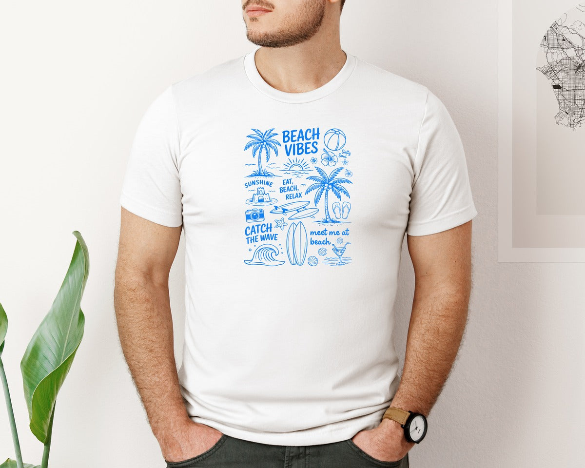 brand:Bella Canvas|color:White|Retro Summer Beach Doodles Graphic T-Shirt