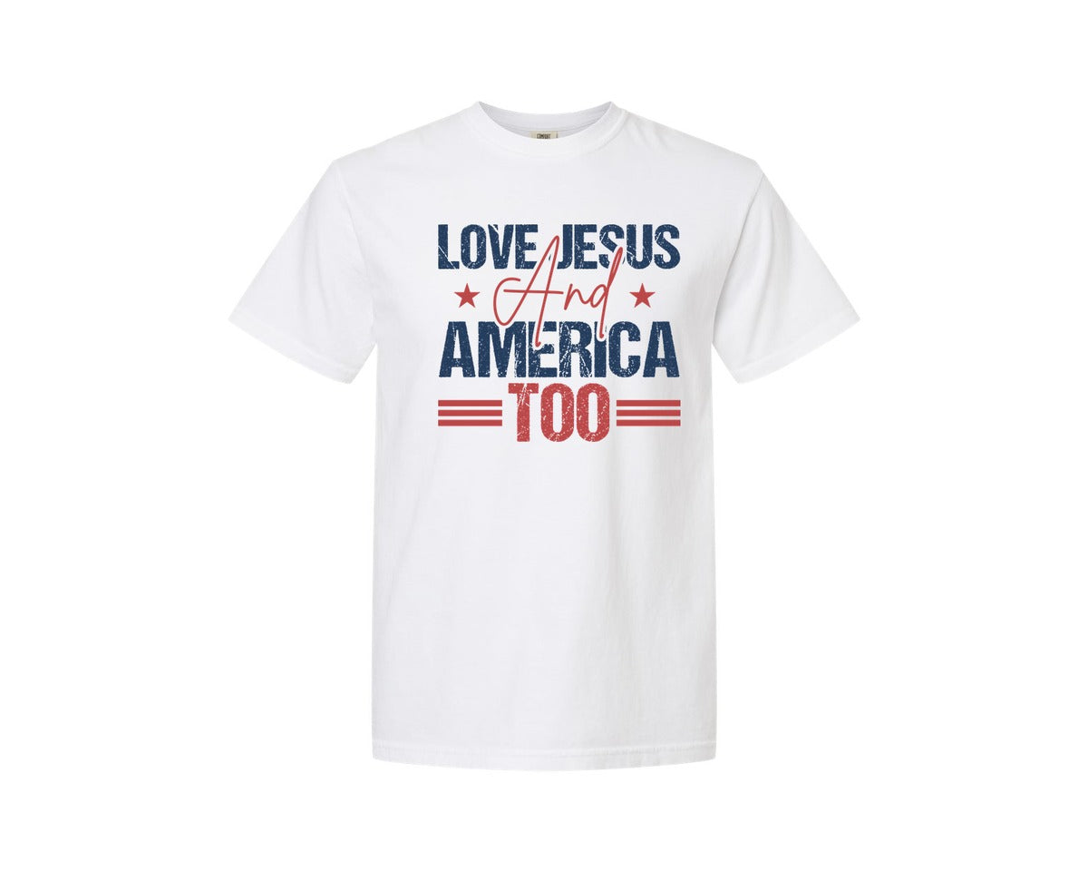 brand:Comfort Colors|color:White|Love Jesus And America Too Usa Graphic T-Shirt