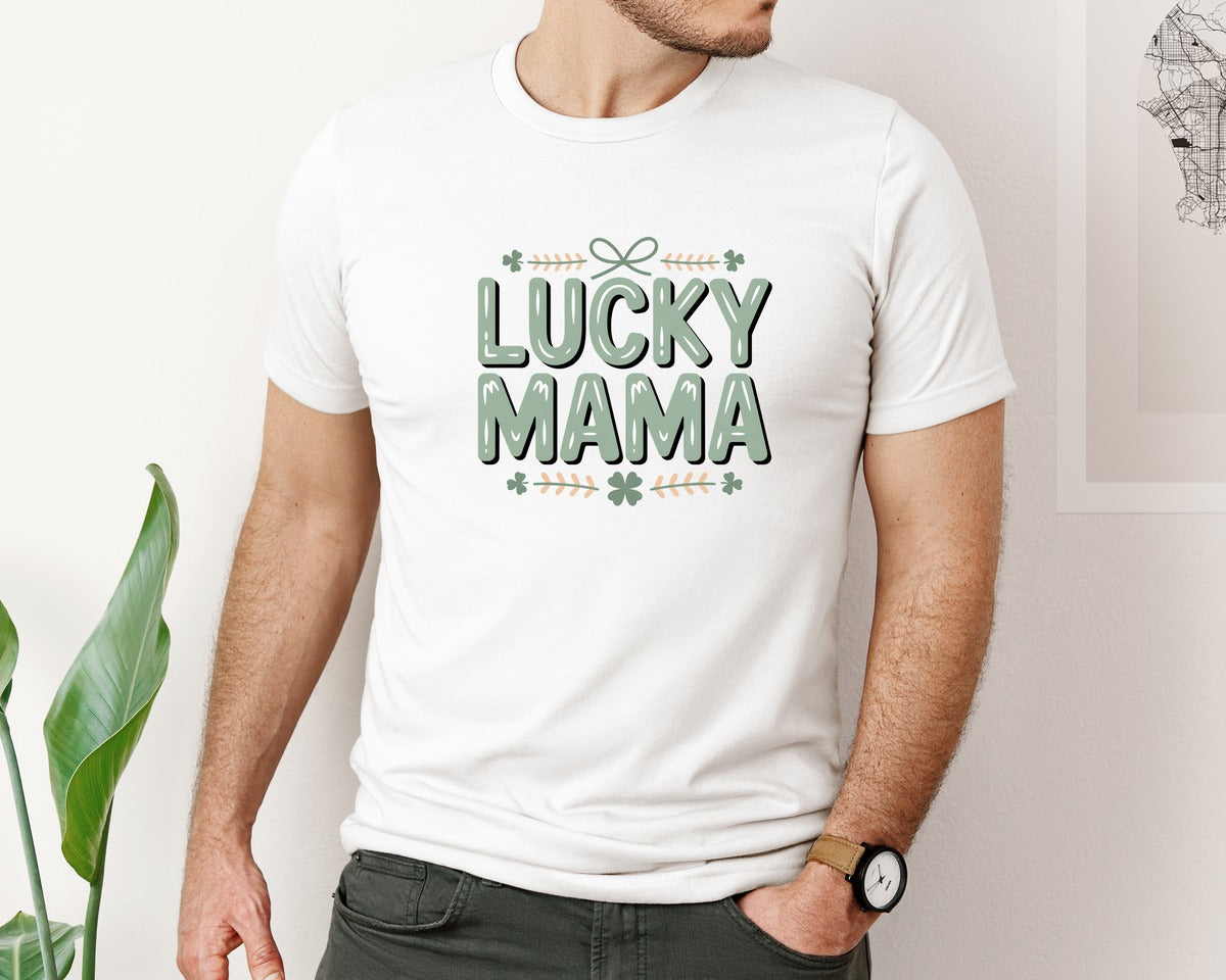 brand:Bella Canvas|color:White|Lucky Mama Lucky Varsity 2 Graphic T-Shirt