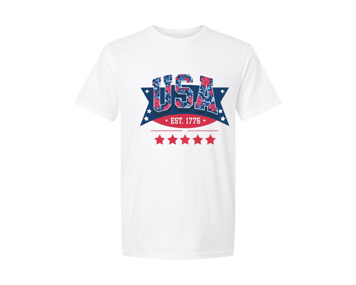 brand:Generic|color:White|Usa Floral 1776 Patriotic Art Graphic T-Shirt