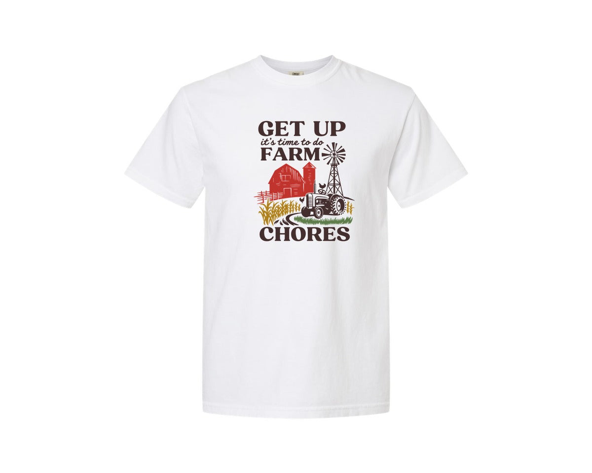 brand:Comfort Colors|color:White|Get Up Its Time To Do Farm Chores 2 Graphic T-Shirt