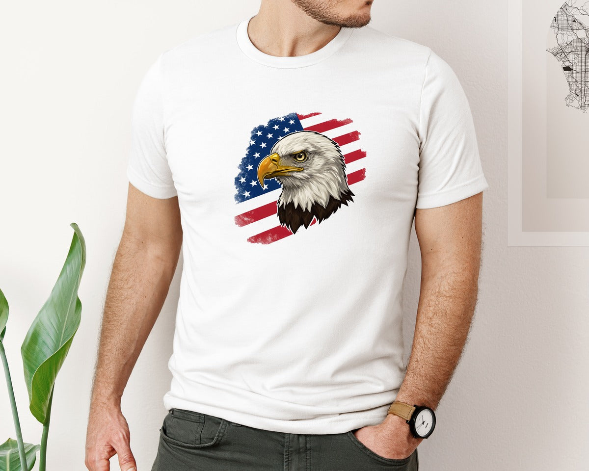 brand:Bella Canvas|color:White|American Eagle With Flag Patriotic Graphic T-Shirt