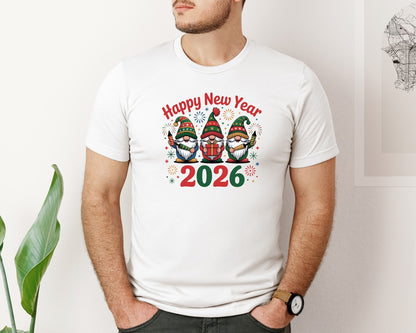 brand:Bella Canvas|color:White|Happy New Year 2026 Gnomes Graphic T-Shirt