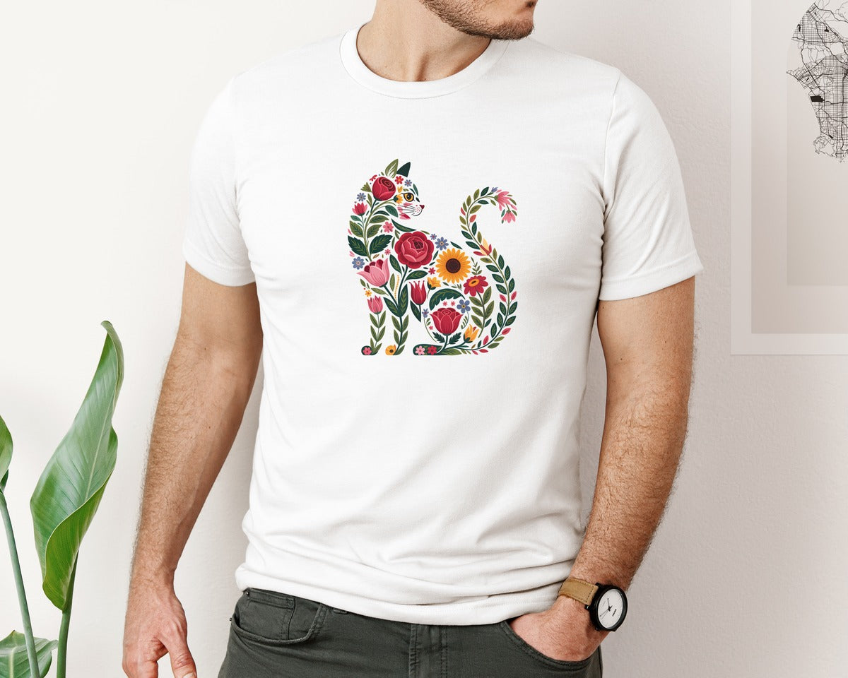 brand:Bella Canvas|color:White|Folk Art Floral Cat Graphic T-Shirt