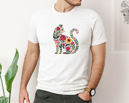 brand:Bella Canvas|color:White|Folk Art Floral Cat Graphic T-Shirt