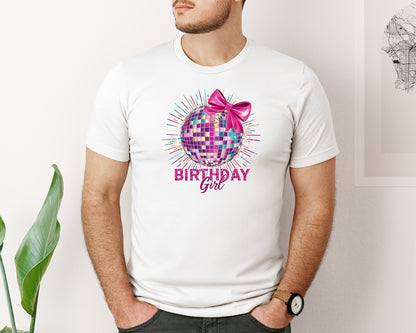 brand:Bella Canvas|color:White|Birthday Girl Disco Ball Pink Bow Graphic T-Shirt