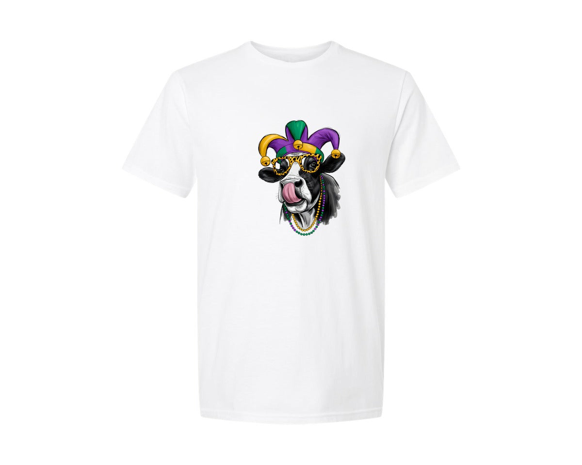 brand:Generic|color:White|Mardi Gras Cow Crawfish Graphic T-Shirt