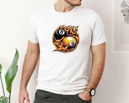 brand:Bella Canvas|color:White|Flaming 8 9 Ball Billiards Graphic T-Shirt