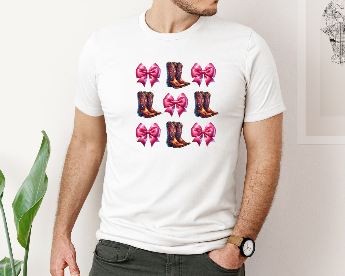 brand:Bella Canvas|color:White|Coquette Bow Cowgirl Boots Graphic T-Shirt