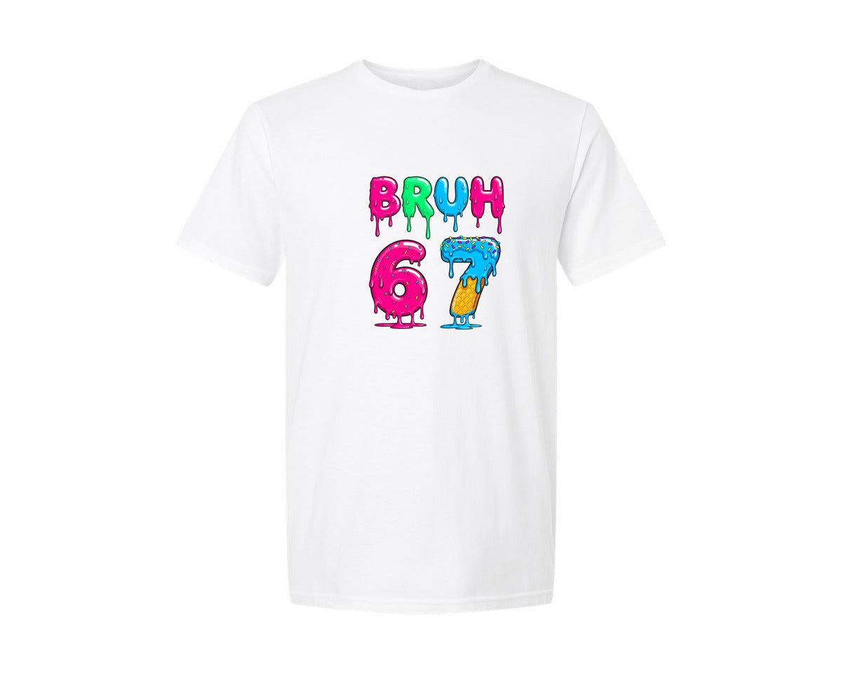 brand:Generic|color:White|Bruh 67 Dripping Ice Cream Style Graphic T-Shirt