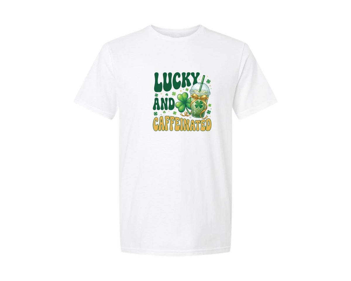 brand:Generic|color:White|St Patricks Day Lucky And Caffeinated Graphic T-Shirt