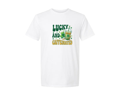 brand:Generic|color:White|St Patricks Day Lucky And Caffeinated Graphic T-Shirt