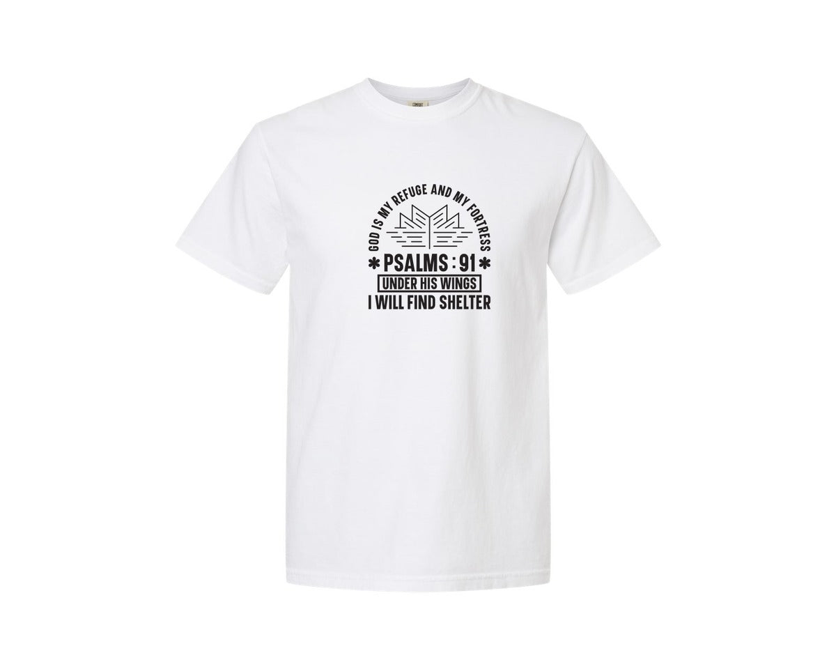 brand:Comfort Colors|color:White|God Is My Refuge Psalms 91 Desi Graphic T-Shirt