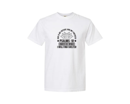 brand:Comfort Colors|color:White|God Is My Refuge Psalms 91 Desi Graphic T-Shirt