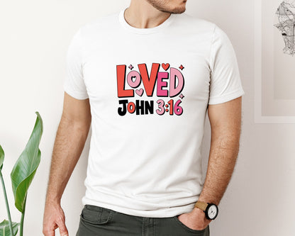 brand:Bella Canvas|color:White|Loved John 316 Bible Valentine Graphic T-Shirt