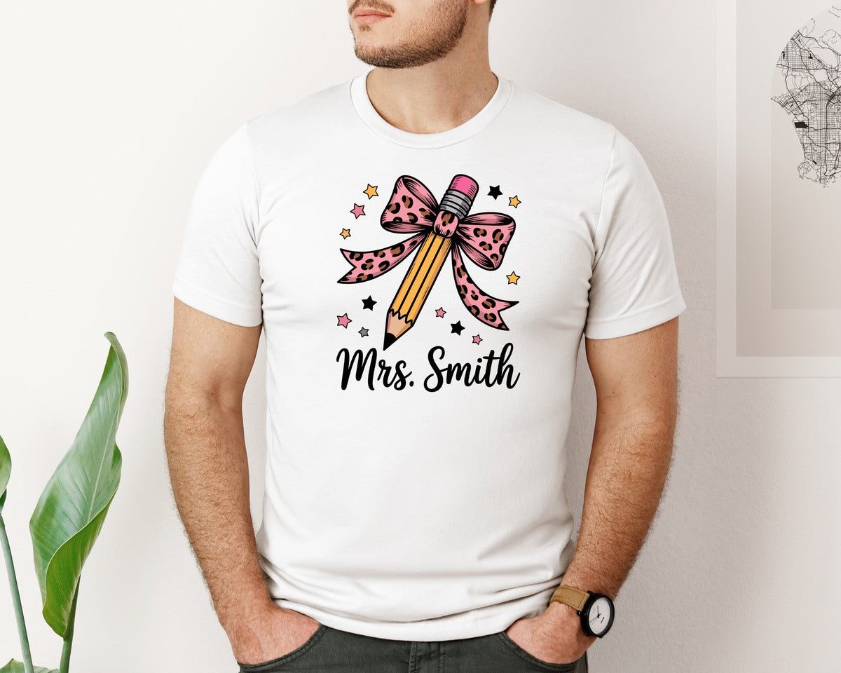 brand:Bella Canvas|color:White|Teacher Coquette Pencil 6 Graphic T-Shirt