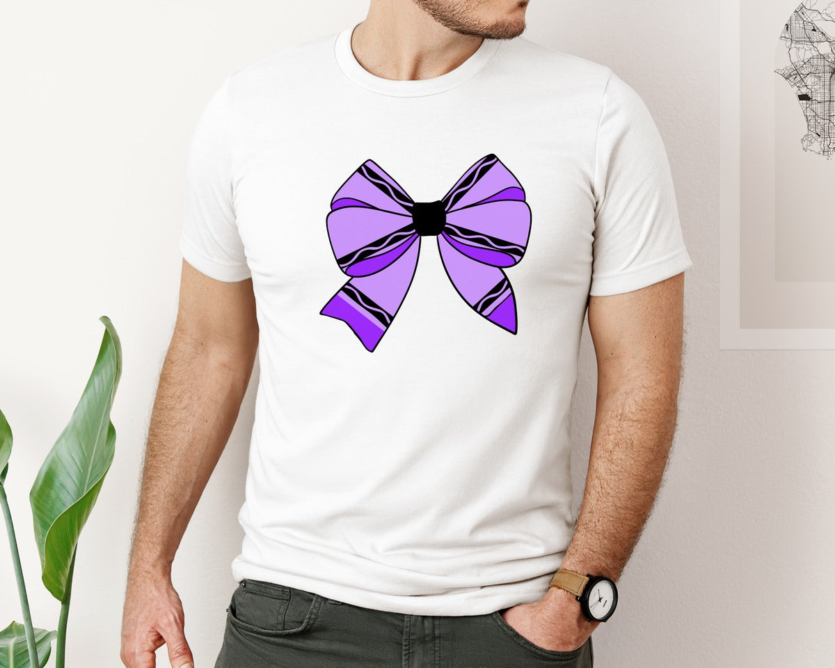 brand:Bella Canvas|color:White|Purple Crayon Coquette Bow Graphic T-Shirt