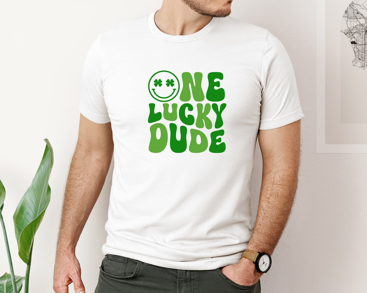brand:Bella Canvas|color:White|One Lucky Dude St Patricks Day 3 Graphic T-Shirt