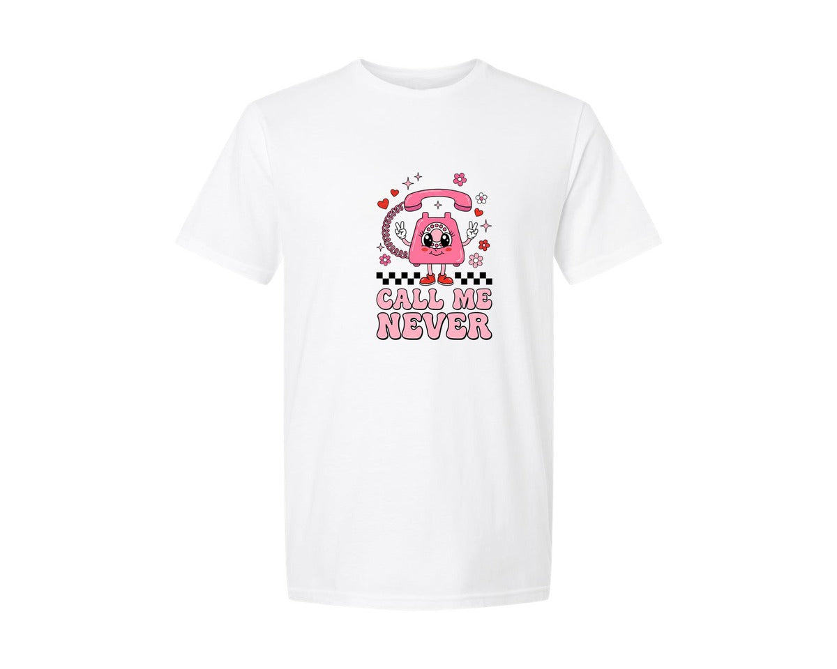 brand:Generic|color:White|Call Me Never Retro Phone Graphic T-Shirt