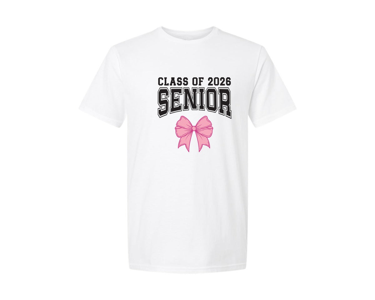brand:Generic|color:White|Coquette Senior Class Of 2026 Pink Bow Graphic T-Shirt