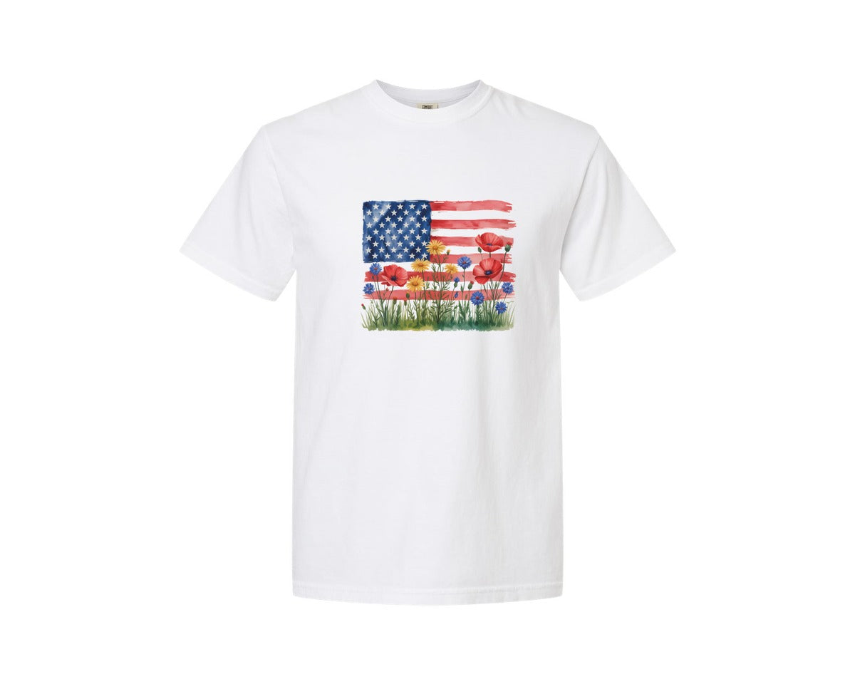 brand:Comfort Colors|color:White|American Flag Floral Patriotic Wild Graphic T-Shirt