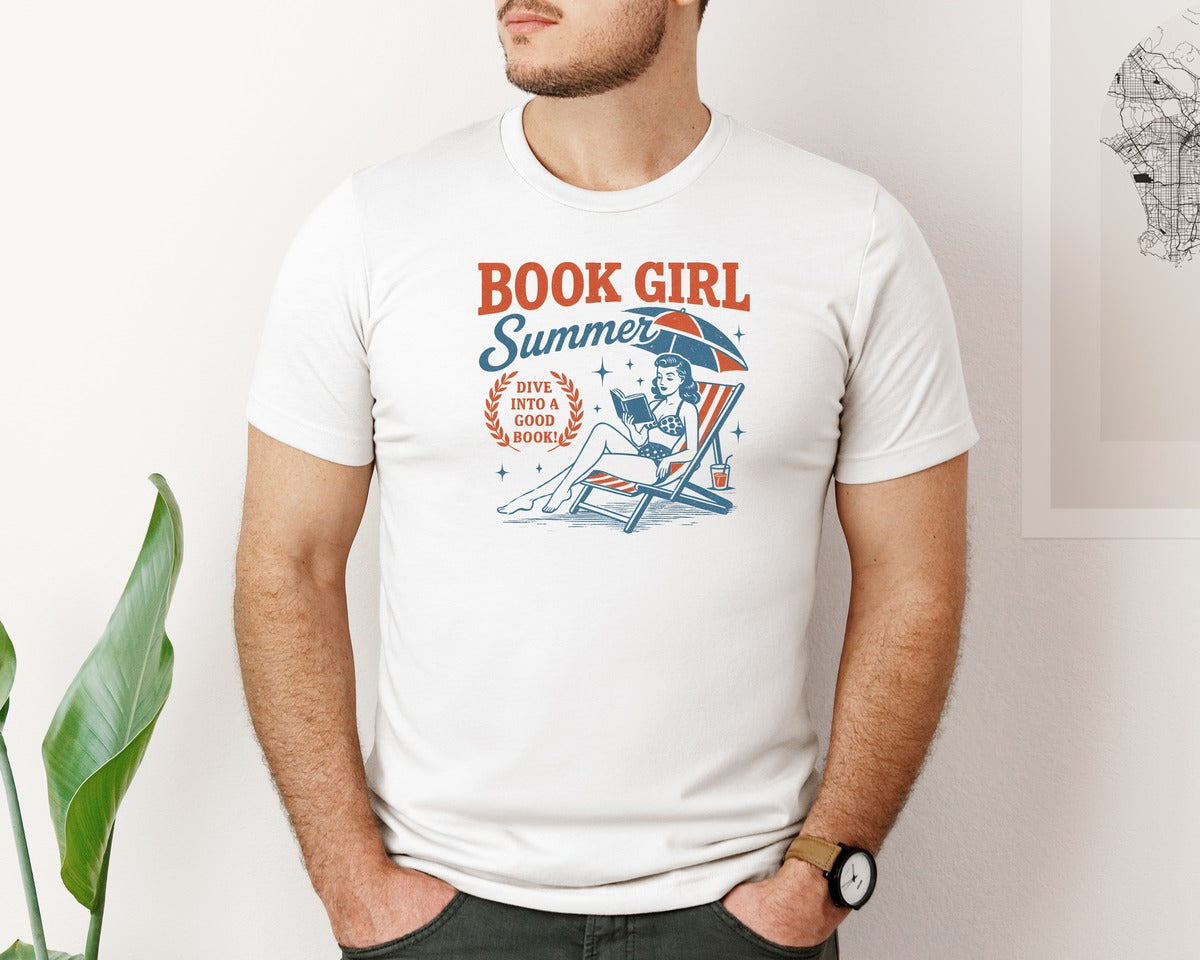 brand:Bella Canvas|color:White|Book Girl Summer Reading Beach Graphic T-Shirt