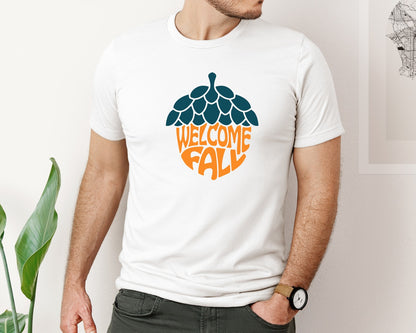 brand:Bella Canvas|color:White|Welcome Fall Word Art Acorn Graphic T-Shirt
