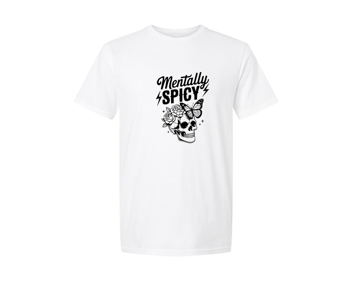 brand:Generic|color:White|Mentally Spicy Floral Skull Butterfly Graphic T-Shirt