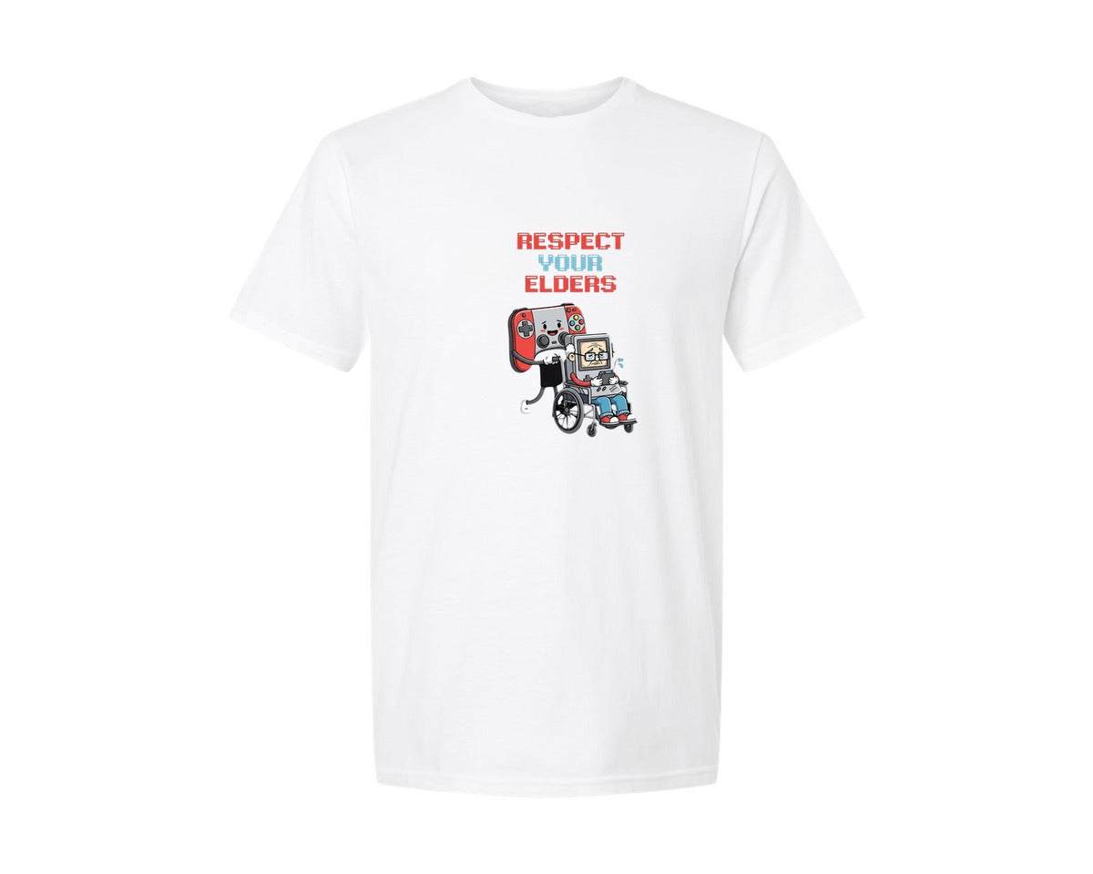 brand:Generic|color:White|Respect Your Elders Gaming Control Retro Graphic T-Shirt