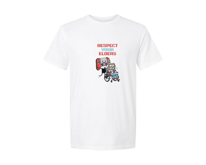brand:Generic|color:White|Respect Your Elders Gaming Control Retro Graphic T-Shirt