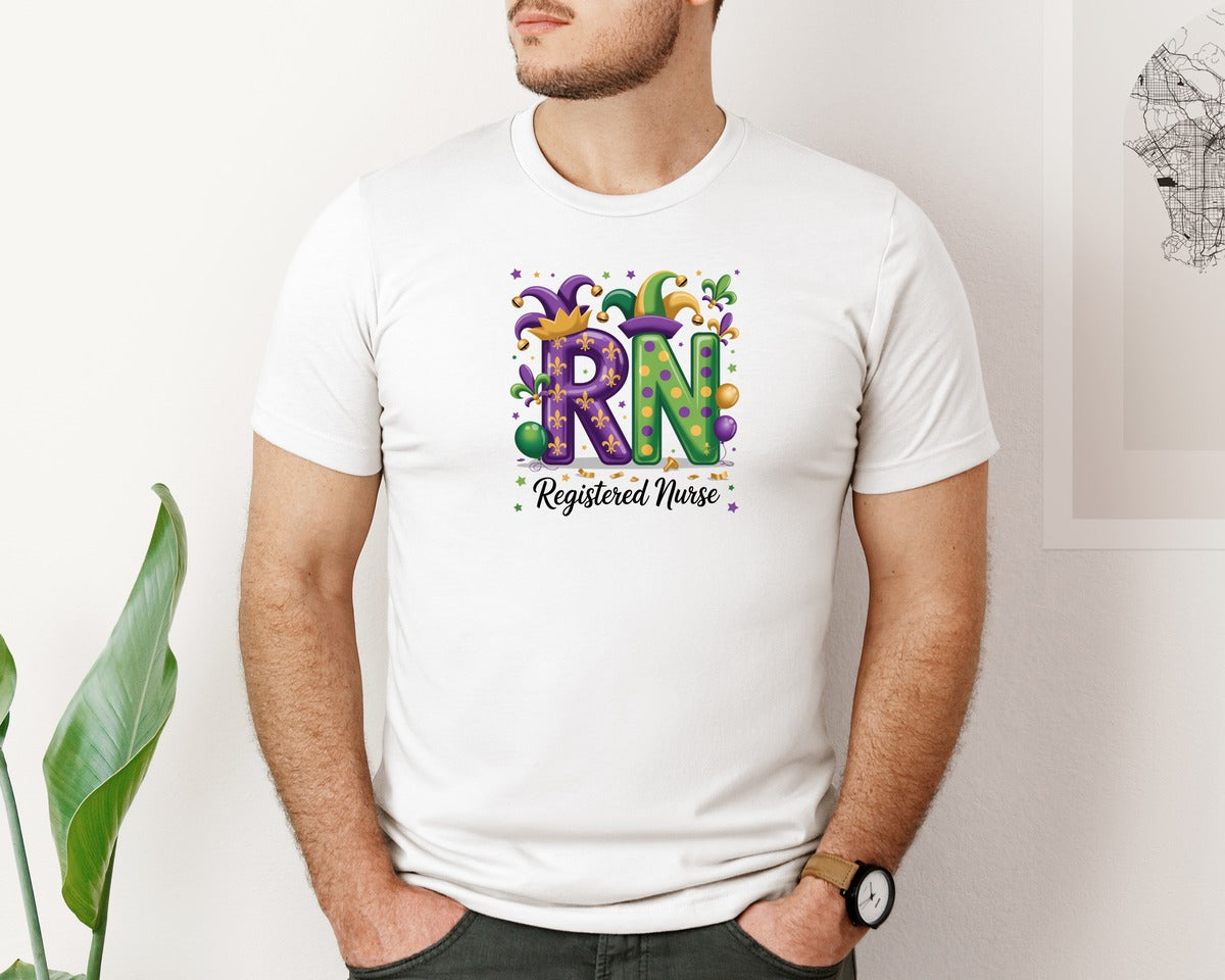 brand:Bella Canvas|color:White|Rn Mardi Gras Nurse Graphic T-Shirt