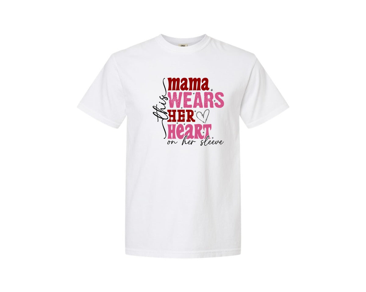 brand:Comfort Colors|color:White|This Mama Wears Her Heart On Her Sleeve 84 Graphic T-Shirt