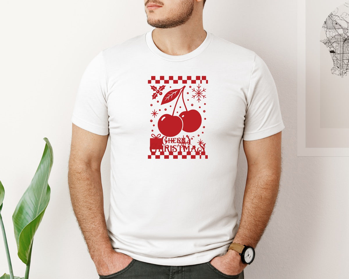 brand:Bella Canvas|color:White|Cherry Christmas Holiday Art Graphic T-Shirt