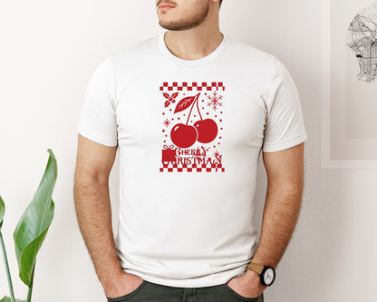 brand:Bella Canvas|color:White|Cherry Christmas Holiday Art Graphic T-Shirt