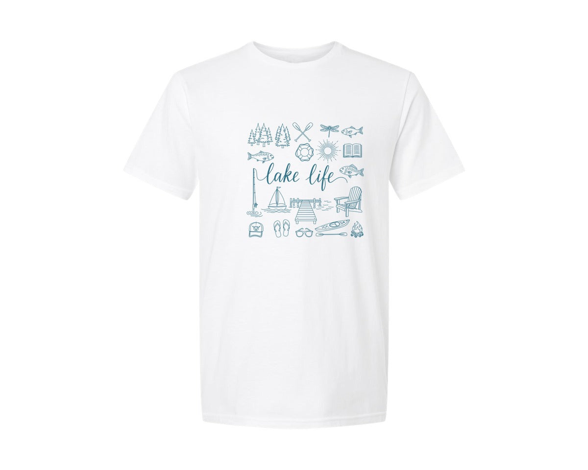 brand:Generic|color:White|Summer Lake Life Doodle Graphic T-Shirt