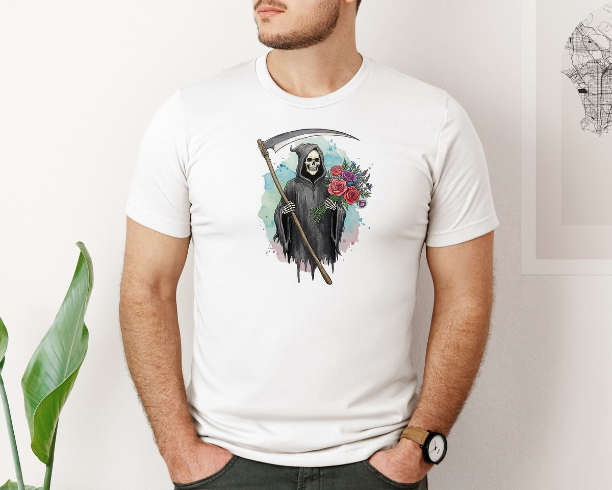 brand:Bella Canvas|color:White|Grim Reaper With Flowers Gothic Graphic T-Shirt