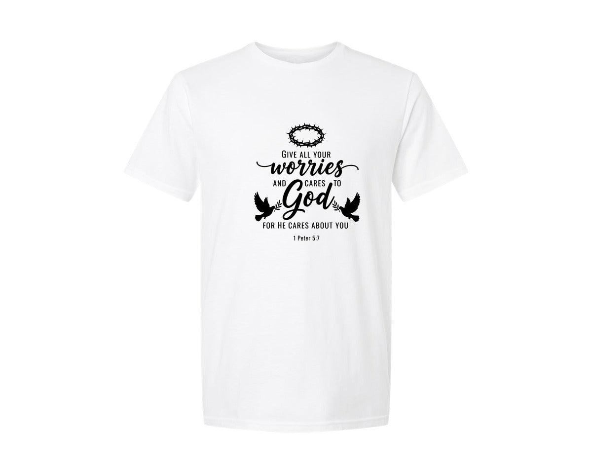 brand:Generic|color:White|Give All Your Worries And Cares To God 2 Graphic T-Shirt