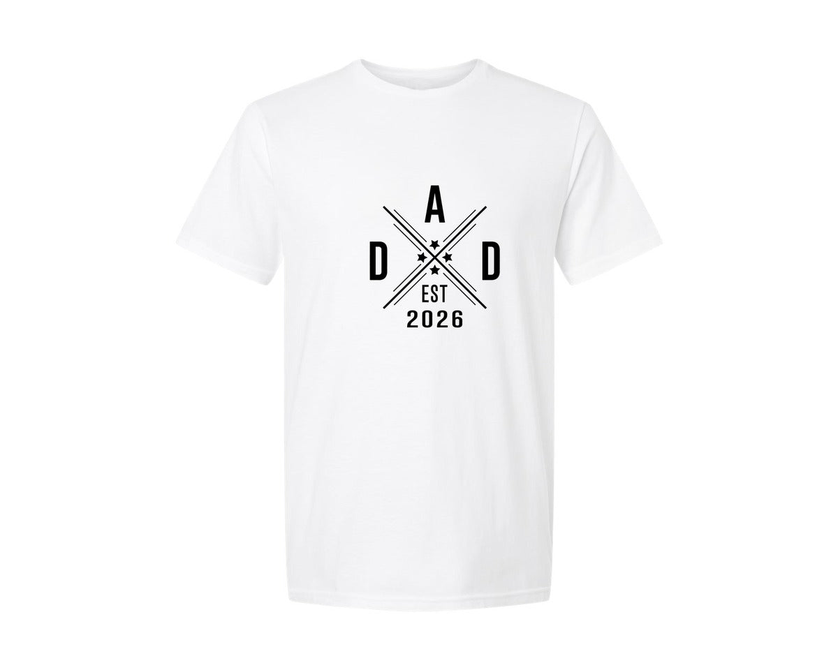 brand:Generic|color:White|Dad Est 2026 Badge Design Graphic T-Shirt