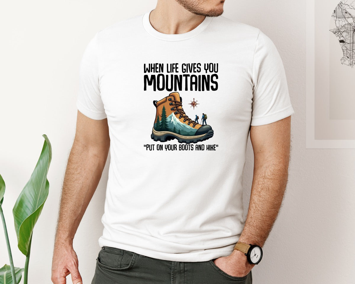 brand:Bella Canvas|color:White|When Life Gives You Mountains Hiking Graphic T-Shirt