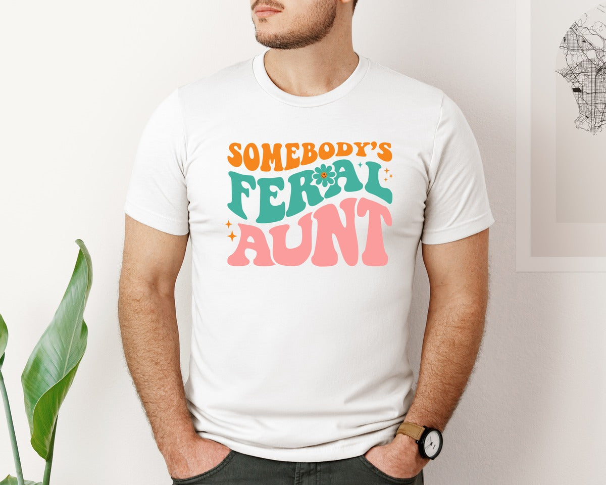 brand:Bella Canvas|color:White|Somebodys Feral Aunt Retro T Shirt Graphic T-Shirt