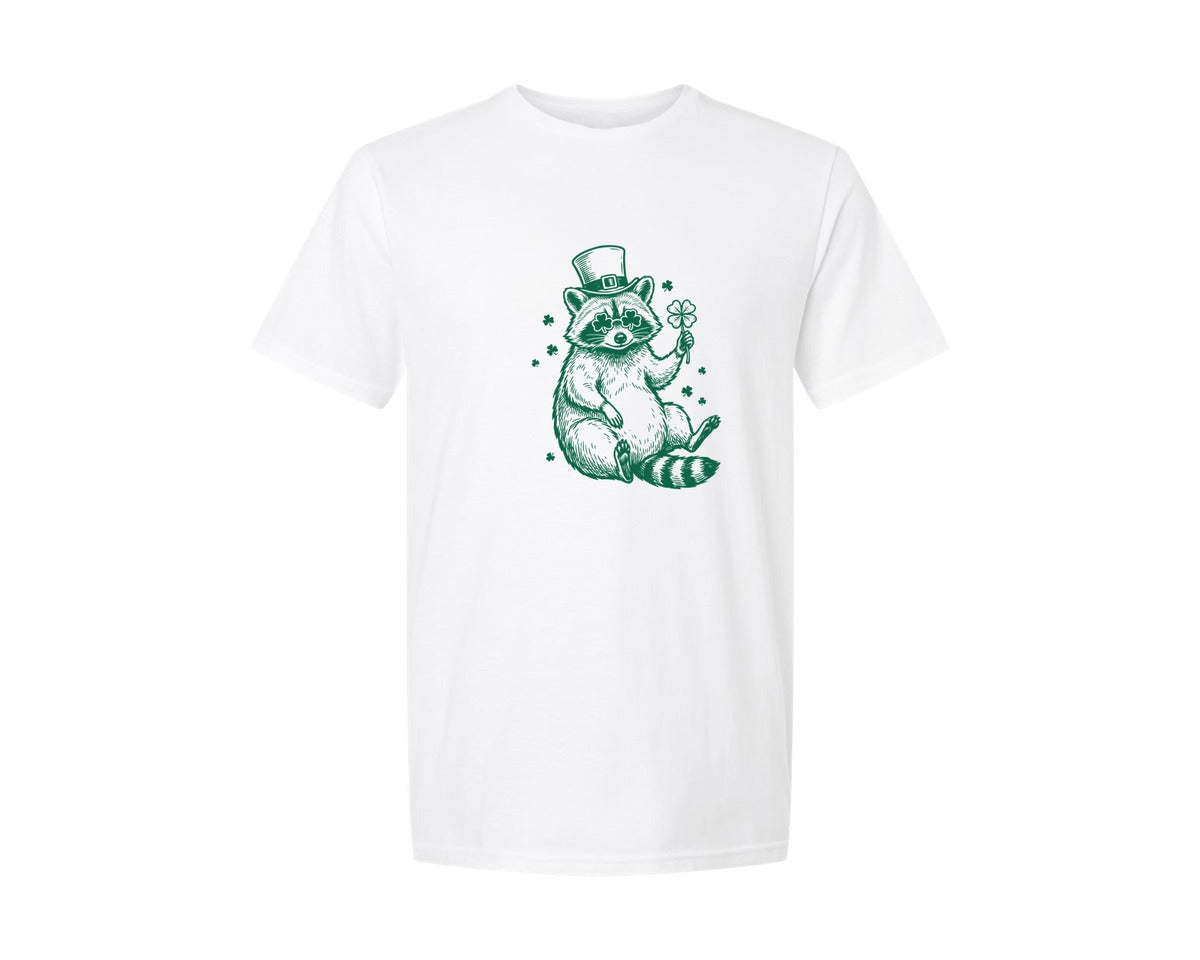 brand:Generic|color:White|St Patricks Day Raccoon Shamrock 2 Graphic T-Shirt