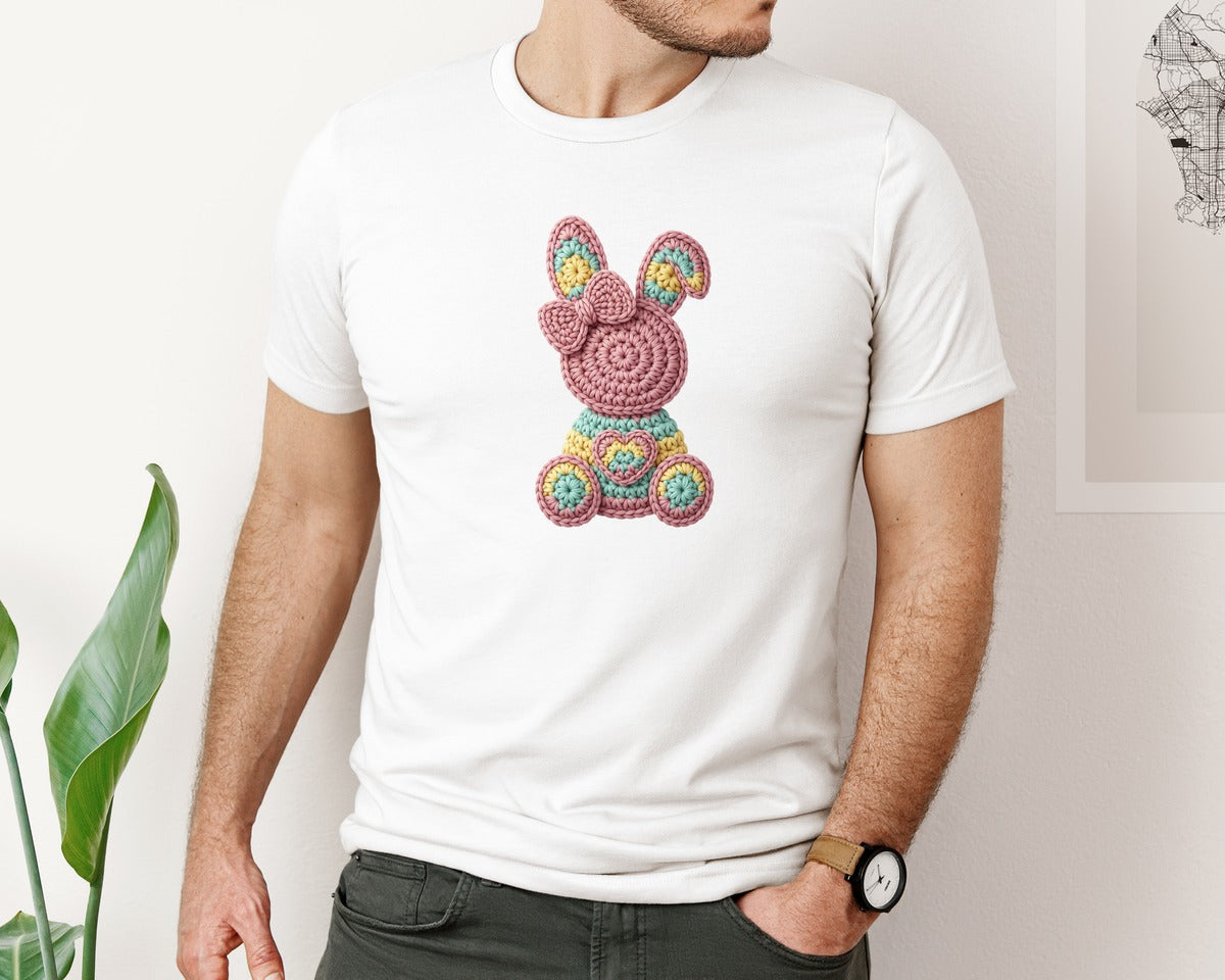brand:Bella Canvas|color:White|Easter Bunny Faux Yarn Graphic T-Shirt