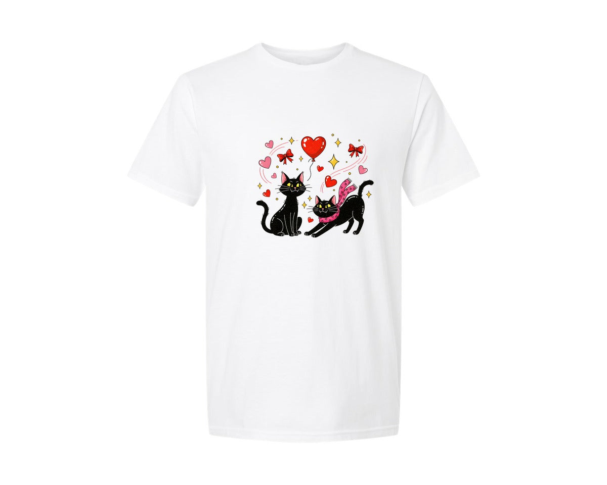brand:Generic|color:White|Cute Valentine Black Cat Couple Graphic T-Shirt