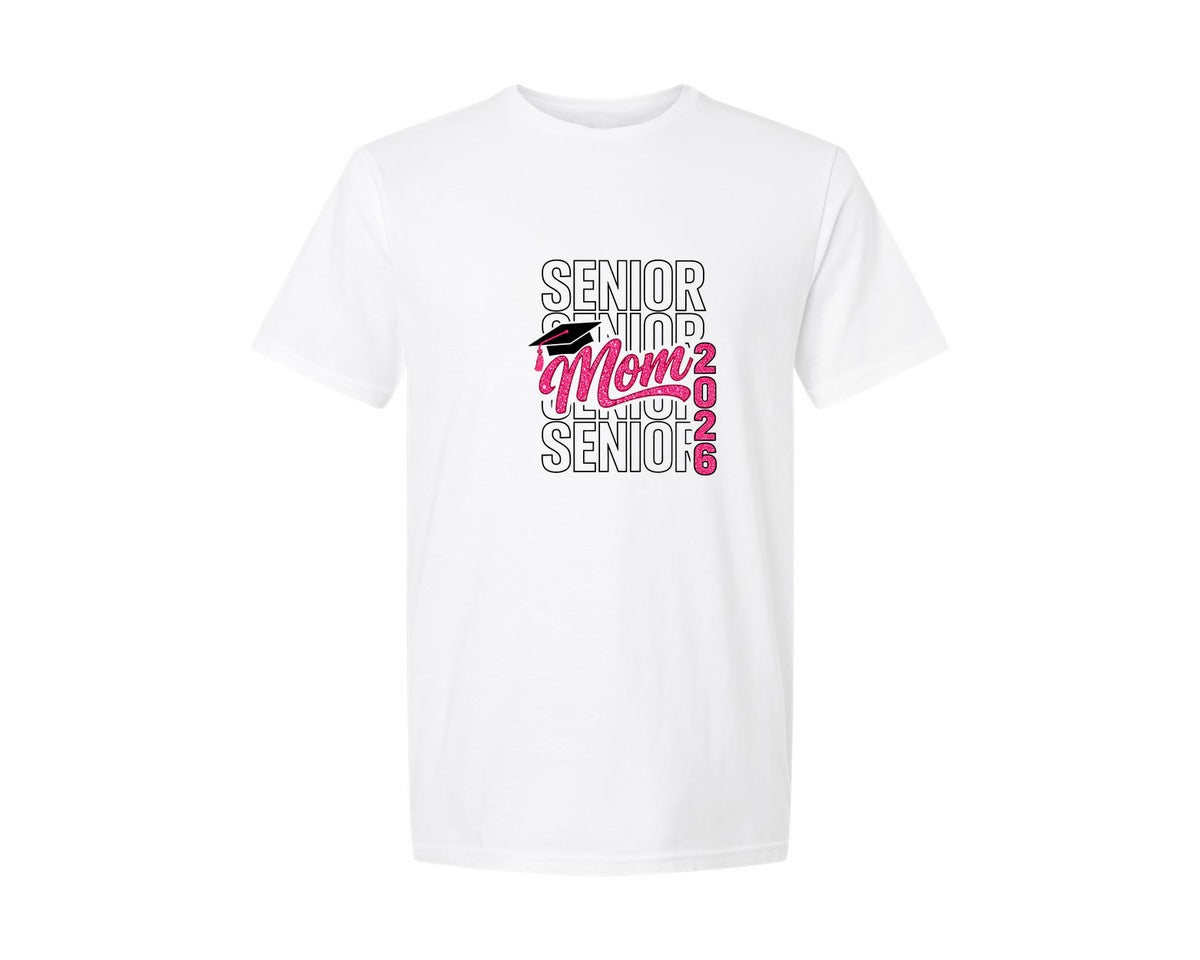brand:Generic|color:White|Senior Mom Pink Glitter 2026 Graphic T-Shirt