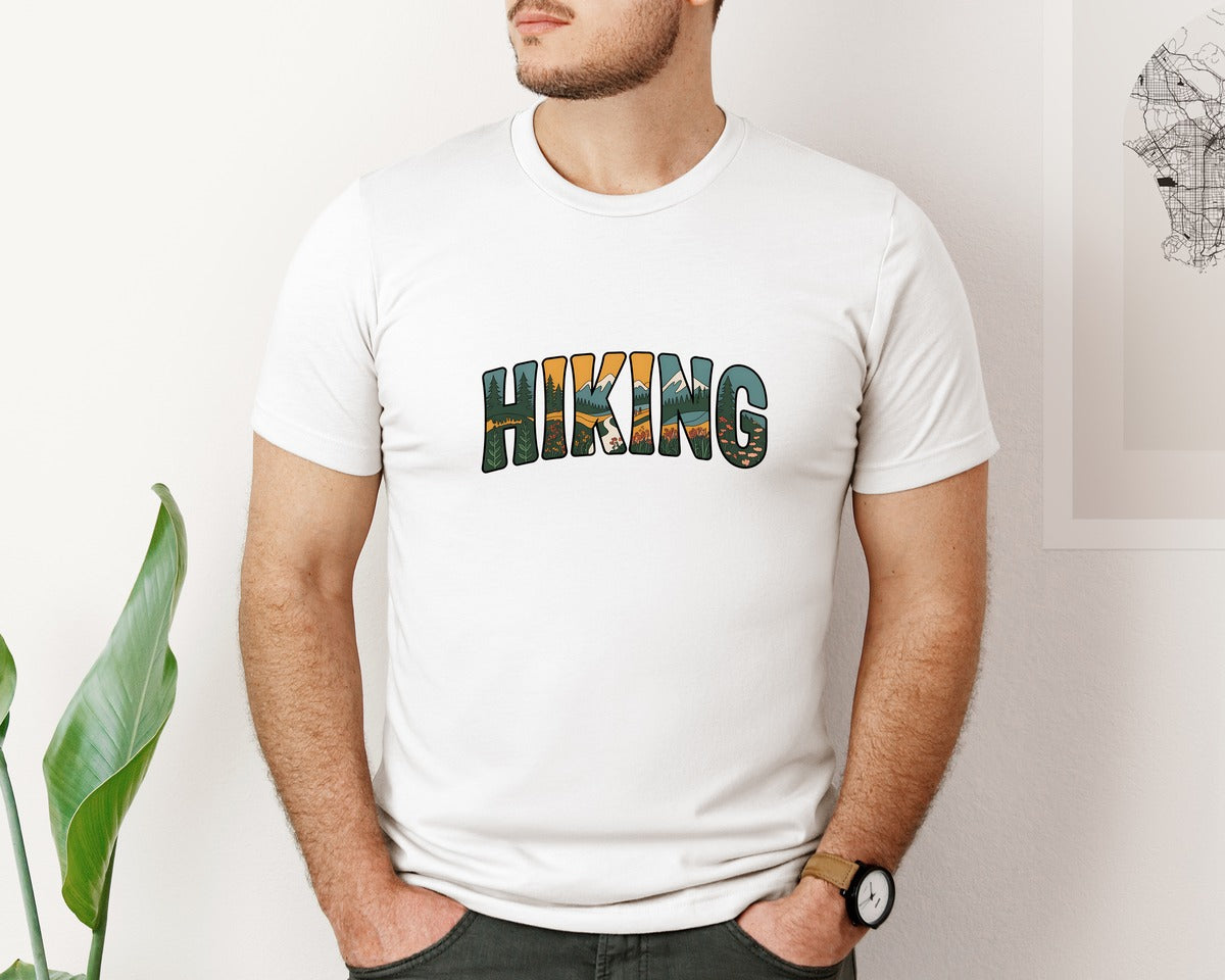 brand:Bella Canvas|color:White|Hiking Word Art Retro Outdoor Nature Graphic T-Shirt