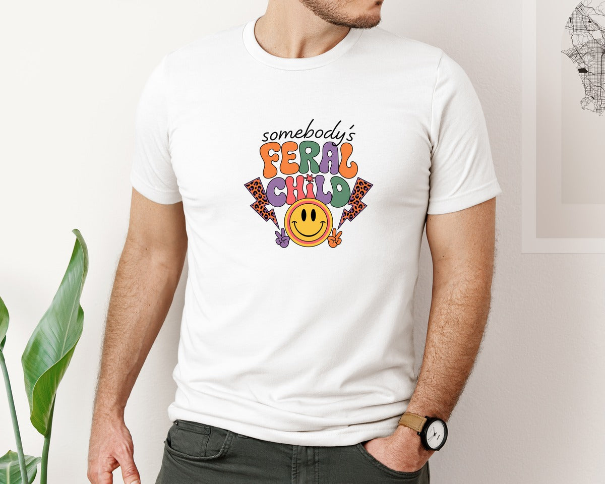 brand:Bella Canvas|color:White|Somebodys Feral Child Funny Summer Graphic T-Shirt